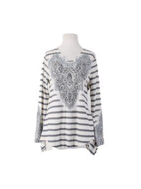 Live And Let Live Sz M White Gray Stripped Embellished Poly Rayon Top